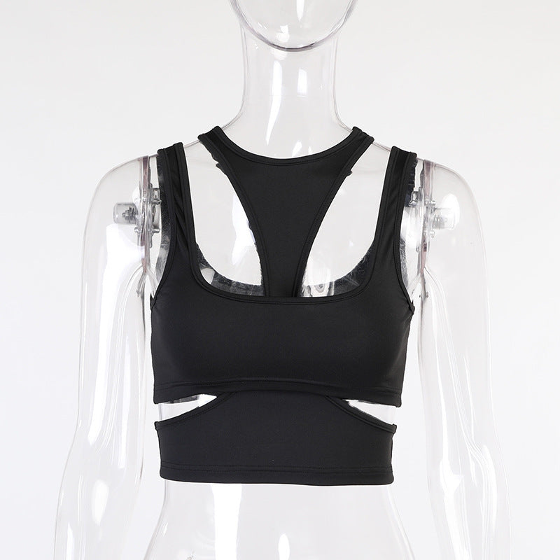 Sleeveless Hollow Front And Back Exposed Waist Two-wear Outdoor Sports Vest