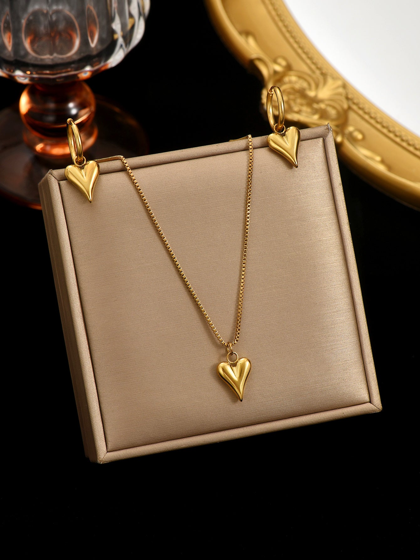 Lxalry 18K Gold Plated Stainless Steel Heart Mirror Jewelry Set Hypoallergenic Skin Safe Necklace Earrings For Daily Evening Wear Never Fade Handmade Luxury Gift For Her