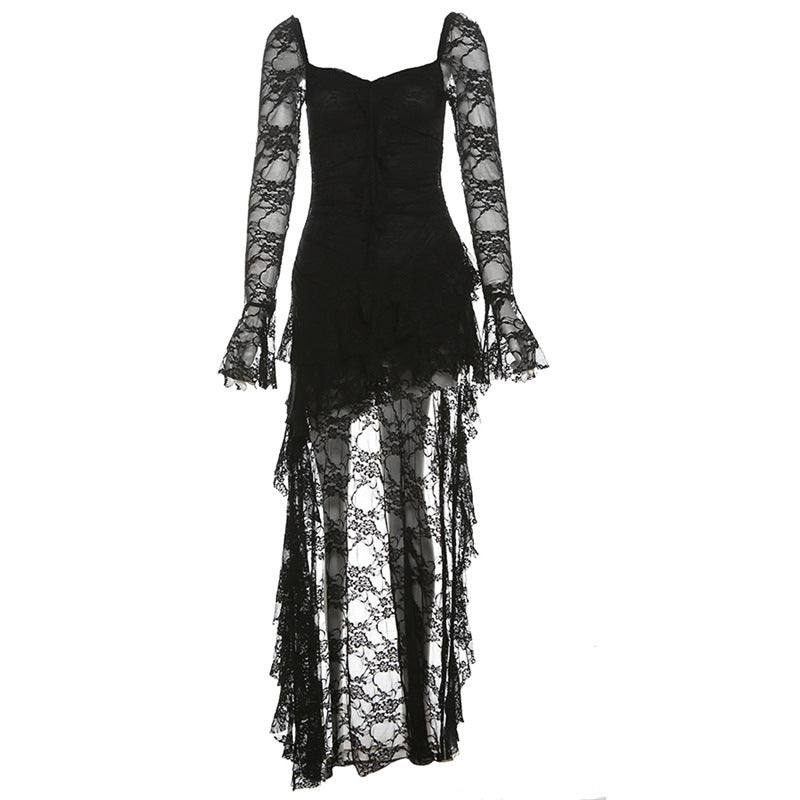 New Fall Women's Clothing Solid Color High Waist Fashion Square Collar Long Sleeve Lace Stitching Dress
