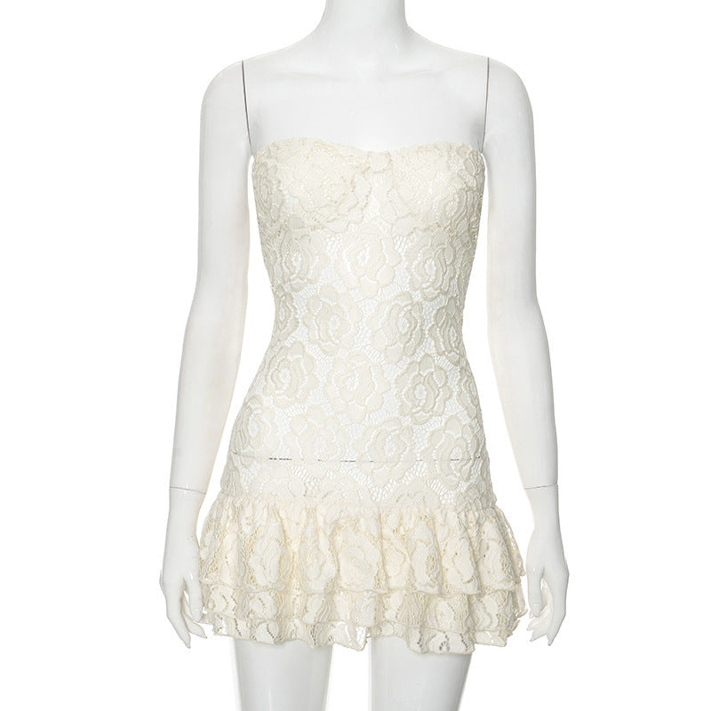 Pure Color Tube-top Lace High Waist Dress