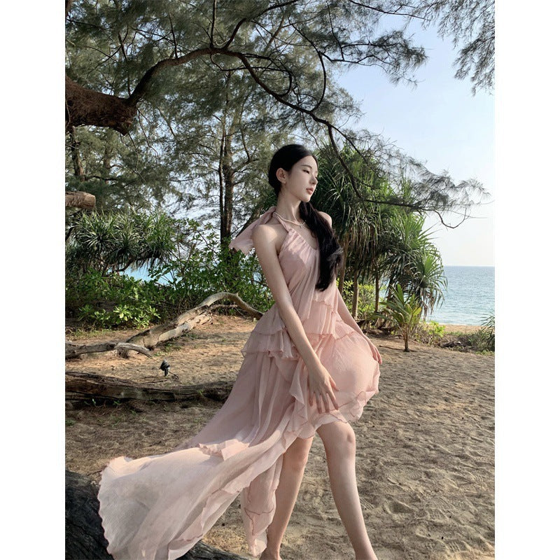 Summer Seaside Vacation Irregular Halter Spaghetti Straps Backless Dress Women