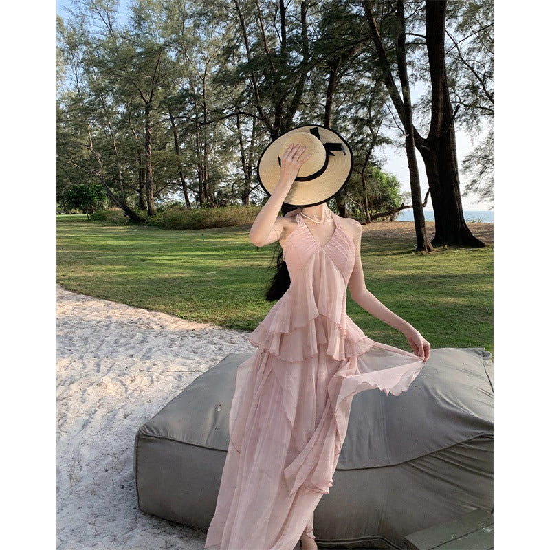 Summer Seaside Vacation Irregular Halter Spaghetti Straps Backless Dress Women