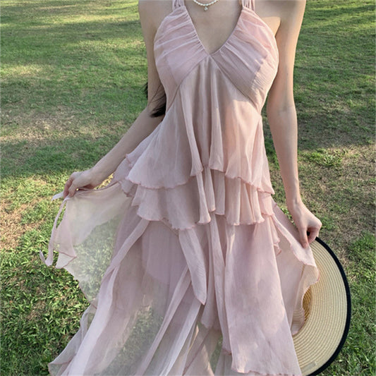 Summer Seaside Vacation Irregular  Halter Spaghetti Straps Backless Dress Women