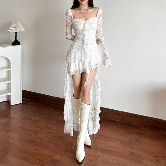 New Fall Women's Clothing Solid Color High Waist Fashion Square Collar Long Sleeve Lace Stitching Dress
